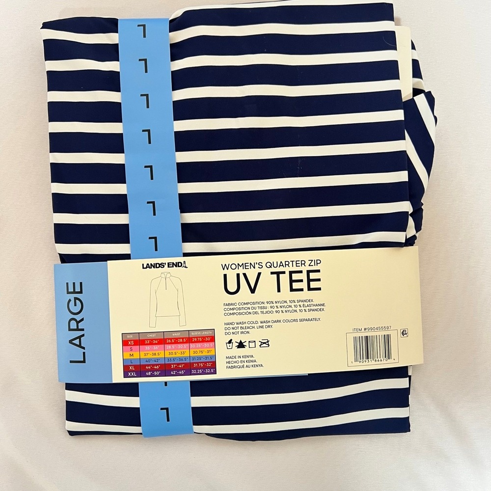 Lands End Womens Quarter Zip UV Tee Navy White Striped UPF 50 Long Sleeve Large - Picture 5 of 9